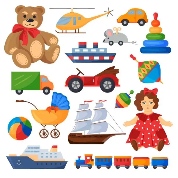 Vector illustration of Colorful set of children's toys. A doll, a teddy bear, cars, a helicopter, a sailboat and ships. Vector illustration.