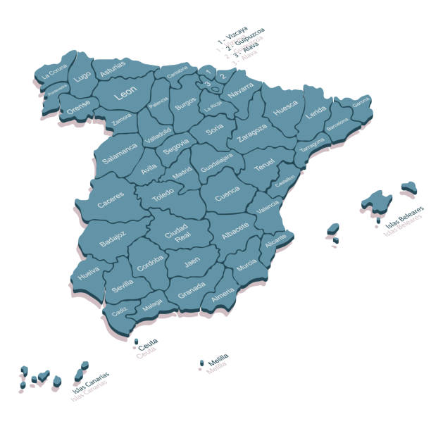 illustrations, cliparts, dessins animés et icônes de carte isométrique 3d espagne. illustration stylisée de carte vectorielle avec les régions nommées. - spain map three dimensional shape cartography