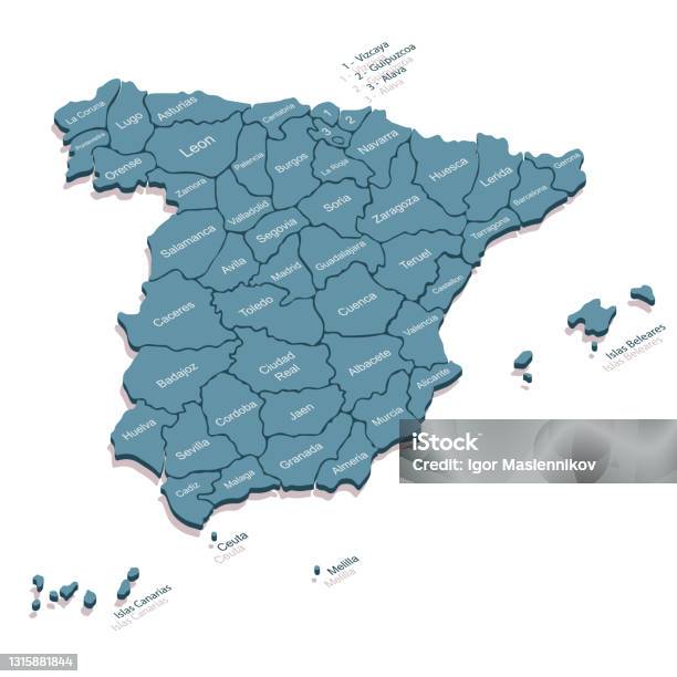 Spain Mapbasic Isometric 3d Spain Map Stylized Vector Map Illustration With Named ...