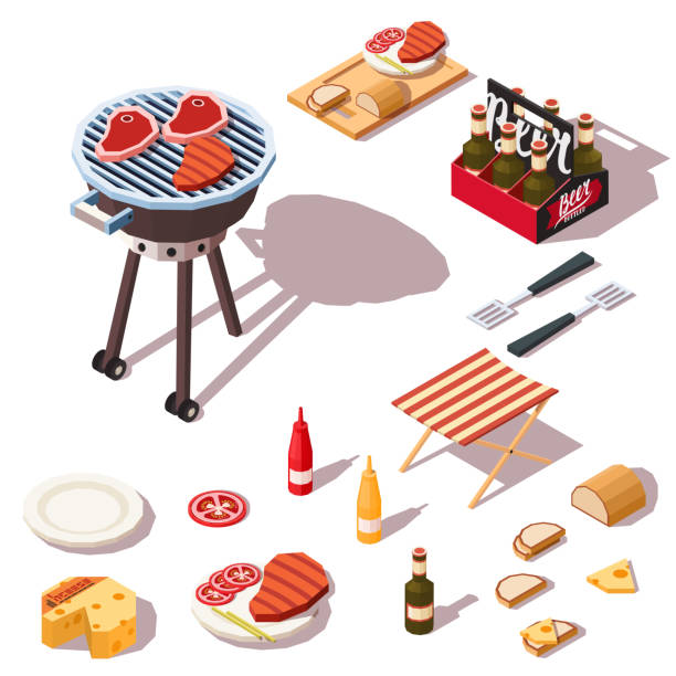 kolekcja ikon grilla. grill grill na letni piknik. ilustracja izometryczna wektorowa. - party barbecue grill dinner barbecue stock illustrations