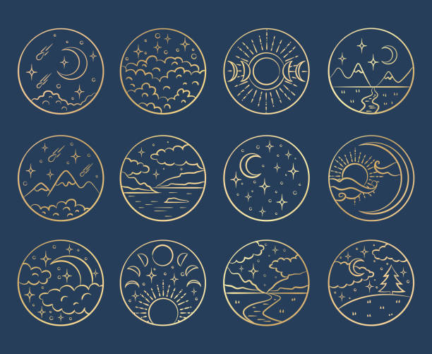 ilustrações de stock, clip art, desenhos animados e ícones de nature and landscapes circle thin vector icons, sun and mood symbols - moon