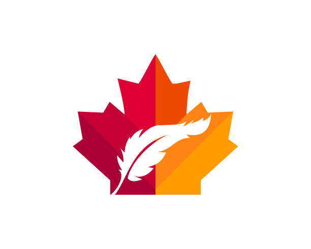 czerwony liść klonu z logo feather. logo canadian feather - canadian culture leaf symbol nature stock illustrations