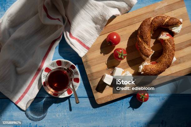 Turkish Bagel With Cheese Tomato Tea Stock Photo - Download Image Now - Turkish Bagel, Cheese, Tomato