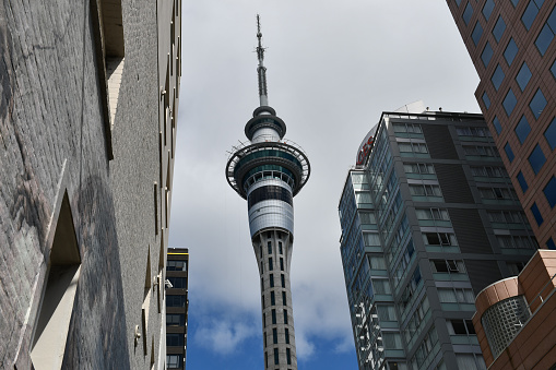 Auckland, New Zealand - September 16, 2019: The Sky Tower, seen among other buildings in the Auckland CBD.