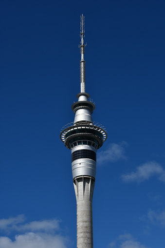 Auckland, New Zealand - September 16, 2019: The Sky Tower, seen against a blue sky.