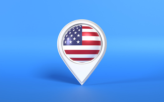 American flag in a white map pointer on blue background. 4th of July, Independence Day, geo location concepts. 3D horizontal composition with copy space. Easy to crop for all your social media and print sizes.