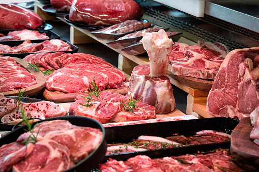 Raw meats on Butcher's shop. Stock Image.