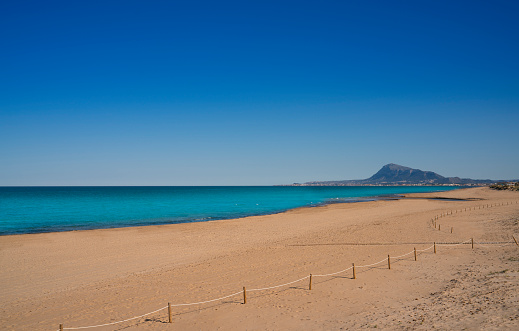 Denia and Oliva beach on Mediterranean sea from Las Marinas in Oliva Beach area in Valencia and Alicante of Spain