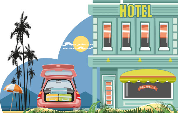 Hotel and guests Easy editable loaded car
and open baggage car vector illustration.
All elements was layered seperately... drawing of the hotel reception stock illustrations