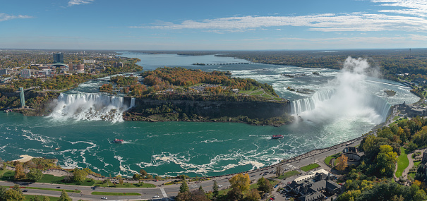 Niagara Falls, Canada - October 20, 2019: Aerial panoramic view of Niagara Falls and surroundings in a sunny autumn day