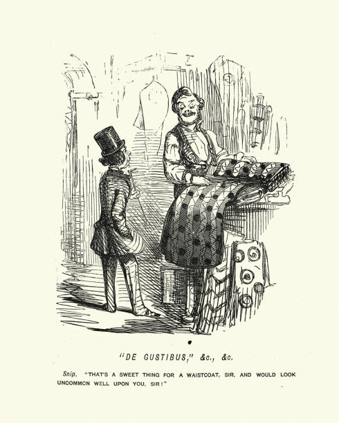 Vintage illustration of Victorian cartoon by John Leech, Tailor showing a short man cloth for a waistcoat, 19th Century.