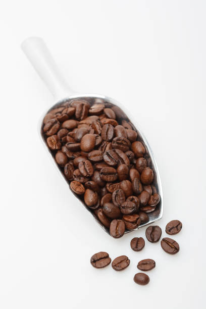 istock Dark roasted coffee beans in metal scoop on a light background 1315910522