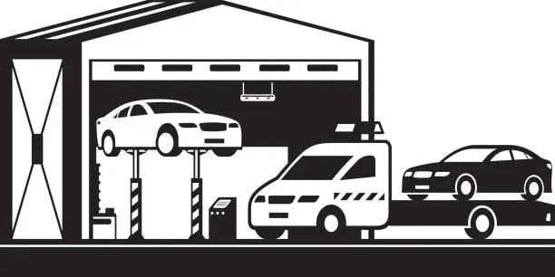Vector illustration of Roadside assistance pickup brings car to the service