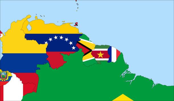 istock Center the map of Guyana. Vector maps showing Guyana and neighboring countries. Flags are indicated on the country maps, the most recent detailed drawing. 1315912957