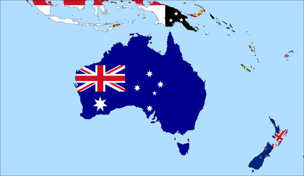 istock Center the map of Australia. Vector maps showing Australia and neighboring countries. Flags are indicated on the country maps, the most recent detailed drawing. 1315913996
