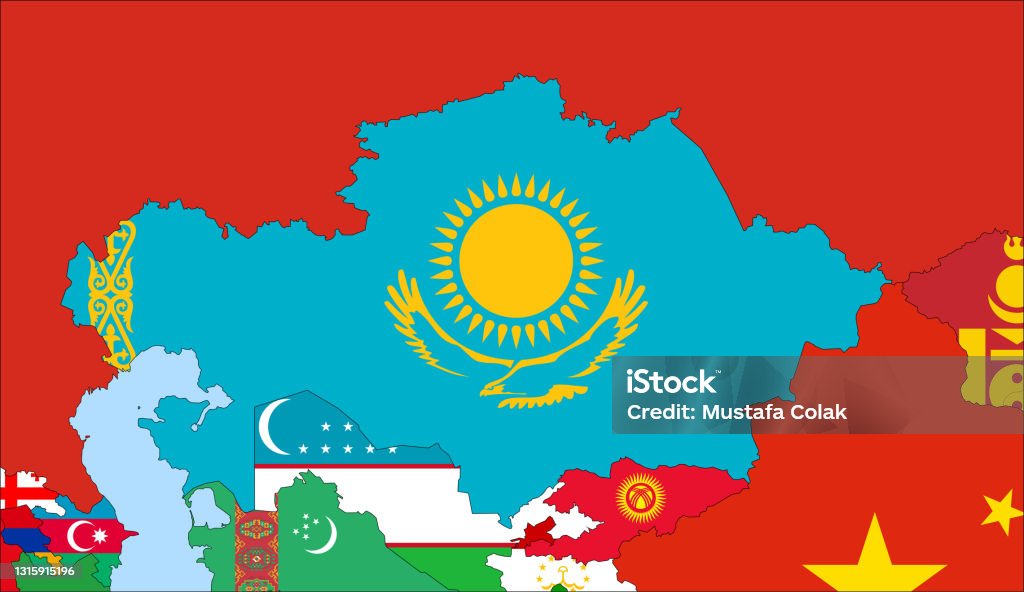 カザフスタンの地図を中央に配置しますカザフスタンと近隣諸国を示すベクトルマップ国旗は国の地図最新の詳細な図面に示されています アジア大陸の