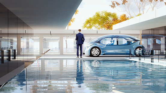 Generic modern villa with swimming pool and autonomous concept car. Vehicle is a custom model, not based on any real brand or model. Entirely 3D generated image.