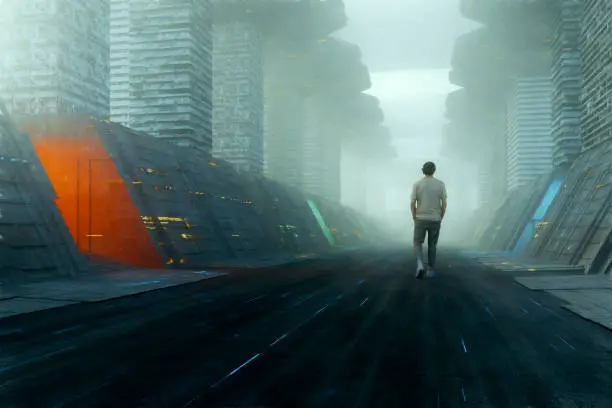 Lonely man walking in futuristic dystopian city. 3D generated image.