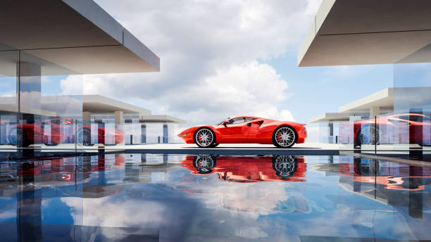 Generic modern villa with swimming pool and generic sports car.