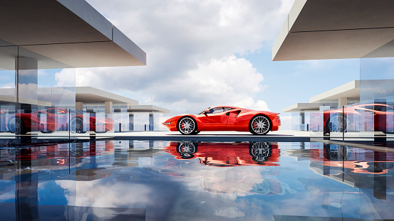 Generic modern villa with swimming pool and generic sports car. Vehicle is a custom model, not based on any real brand or model. Entirely 3D generated image.