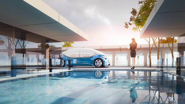 istock Generic modern villa with swimming pool and autonomous concept car 1315917009