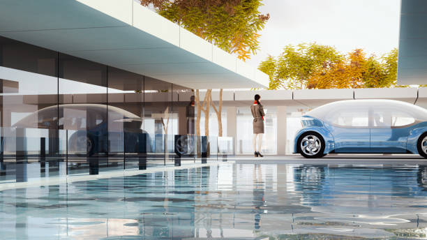 istock Generic modern villa with swimming pool and autonomous concept car 1315917038