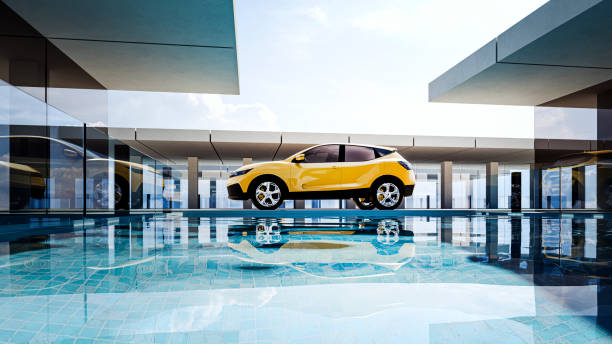istock Generic modern villa with swimming pool and generic city car. 1315917050