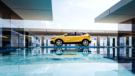 Generic modern villa with swimming pool and generic city car. Vehicle is a custom model, not based on any real brand or model. Entirely 3D generated image.