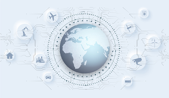 Global communication network around planet, worldwide exchange of information by internet. Industry 4.0 concept infographic.