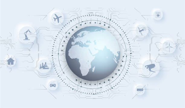 Global communication network around planet, worldwide exchange of information by internet. Industry 4.0 concept infographic. Spider web of network connections with on white background. Neumorphic icon Global communication network around planet, worldwide exchange of information by internet. Industry 4.0 concept infographic. global logistics infographic stock illustrations