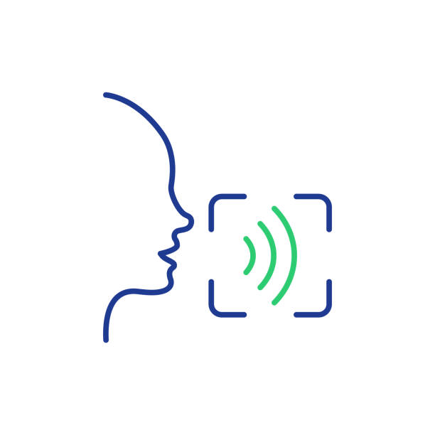 語音和語音辨識線圖示。語音命令圖示與聲波。語音控制。說話或說話識別線象形圖。人頭和聲波。向量插圖 - 聽寫 幅插畫檔、美工圖案、卡通及圖標