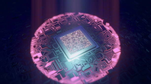 Futuristic Circuit Board CPU Processor sending electronic impuls on motherboard stock photo