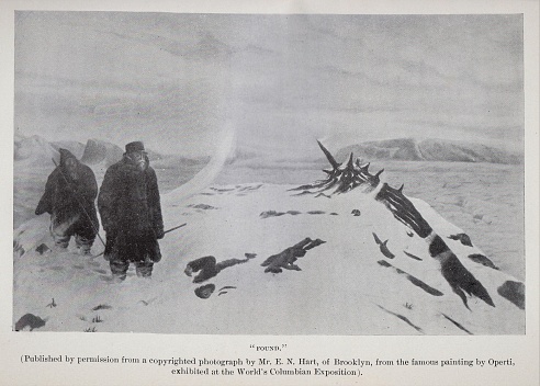 Photo of “Found” a painting by Albert Operti depicting a tragedy during the Arctic exploration in 1879 by George Melville, Chief Engineer of the US Navy. Illustration published in Steam Navy of the United States by Frank M. Bennett (Press of W.T. Nicholson: Pittsburgh) in 1896. Copyright expired; artwork is in Public Domain.