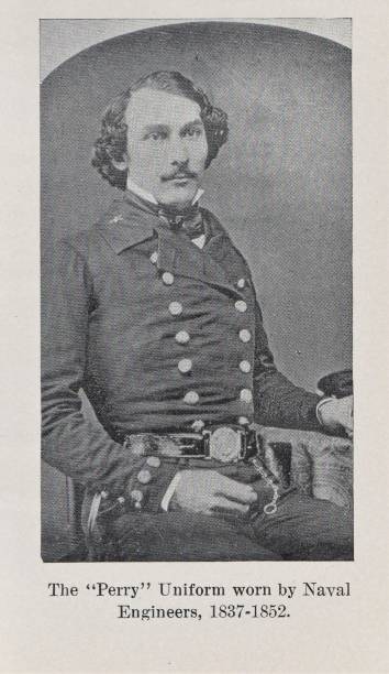 アメリカ海軍チーフエンジニアペリー制服1837-1852、19世紀のアメリカ海軍史 - black and white military uniform headwear one person点のイラスト素材／クリップアート素材／マンガ素材／アイコン素材