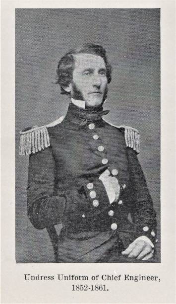 アメリカ海軍工兵服 1852-1861, 19世紀アメリカ海軍史 - black and white military uniform headwear one person点のイラスト素材／クリップアート素材／マンガ素材／アイコン素材