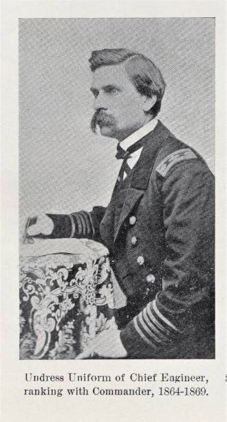 アメリカ海軍最高技師制服1864-1869、19世紀アメリカ海軍史 - black and white military uniform headwear one person点のイラスト素材／クリップアート素材／マンガ素材／アイコン素材