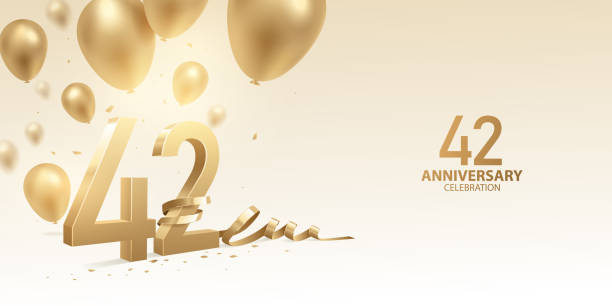 42nd Anniversary Celebration Background 42nd Anniversary celebration background. 3D Golden numbers with bent ribbon, confetti and balloons. number 42 stock illustrations