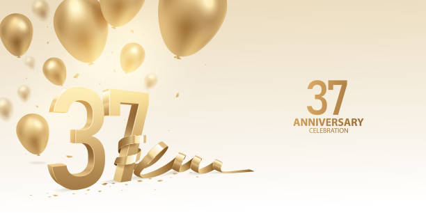 37th Anniversary Celebration Background 37th Anniversary celebration background. 3D Golden numbers with bent ribbon, confetti and balloons. number 37 illustrations stock illustrations