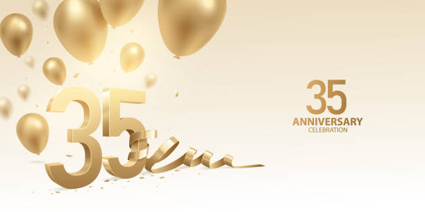 35th Anniversary Celebration Background 35th Anniversary celebration background. 3D Golden numbers with bent ribbon, confetti and balloons. number 35 stock illustrations