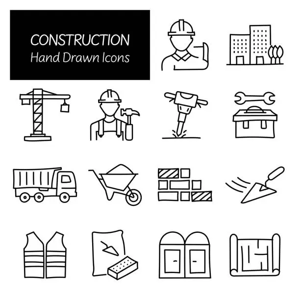 Vector illustration of Construction and Buildings Related Hand Drawn Icons, Doodle Elements Vector Illustration