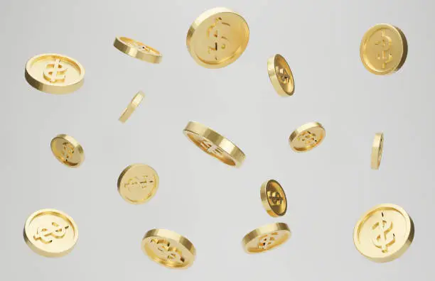 Photo of Explosion of gold coins with dollar sign on white background.