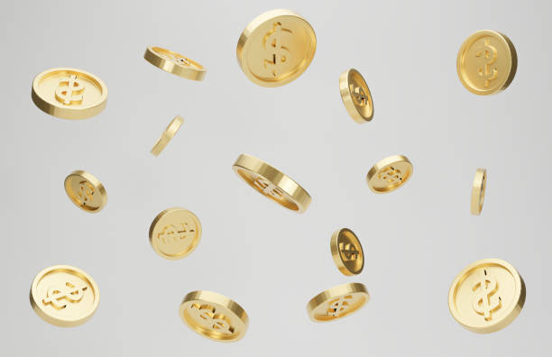 explosion of gold coins with dollar sign on white background. - falling cash imagens e fotografias de stock