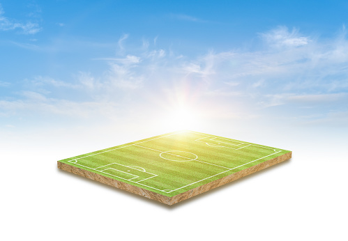 3D Rendering. Green grass soccer field and sky cloud background.