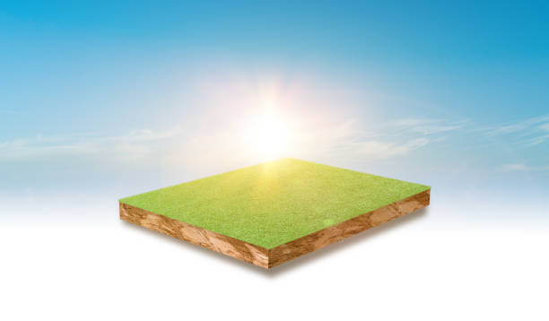 istock Soil cubic cross section with green grass field over blue sky background. 1315936819