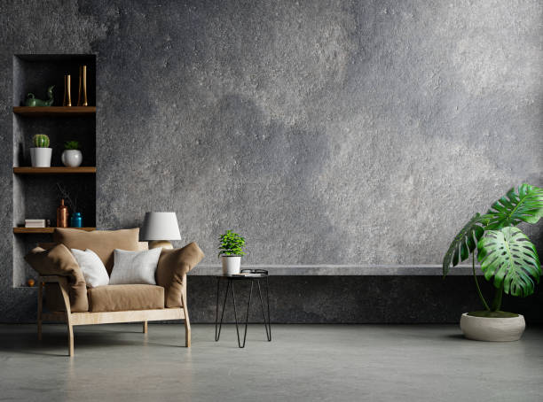 istock Living room interior style loft on empty concrete wall background. 1315940224