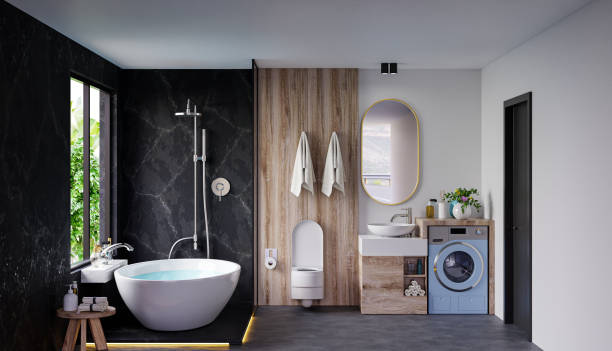 istock Modern Bathroom interior design on dark color wall. 1315940266