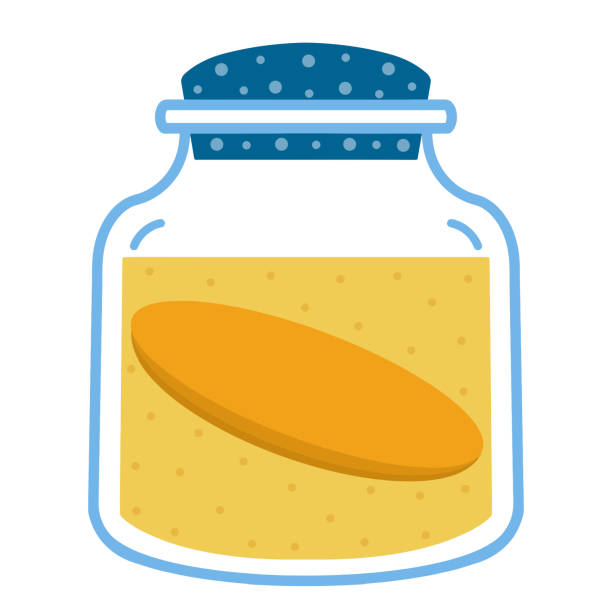 Kombucha fermented tea in a glass jar. Probiotic-infused sweet orange drink, vector illustration. Flat cartoon icon Kombucha fermented tea in a glass jar. Probiotic-infused sweet orange drink, vector illustration. Isolated icon on white background. Useful mushroom, colored doodle. kombucha jar stock illustrations