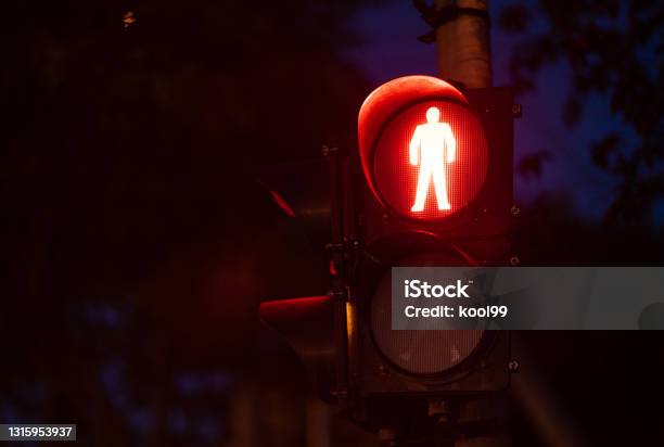 Traffic Light Red Llight Prohibited Stock Photo - Download Image Now - Night, Red Light - Stoplight, Warning Sign