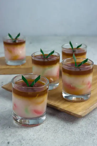 Two layer puding cendol, traditional pudding dessert from Indonesian. made from rice flour and palm sugar. Refreshing for break fasting during ramadan.