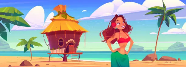 Vector illustration of Young woman on sea beach with hut or bungalow